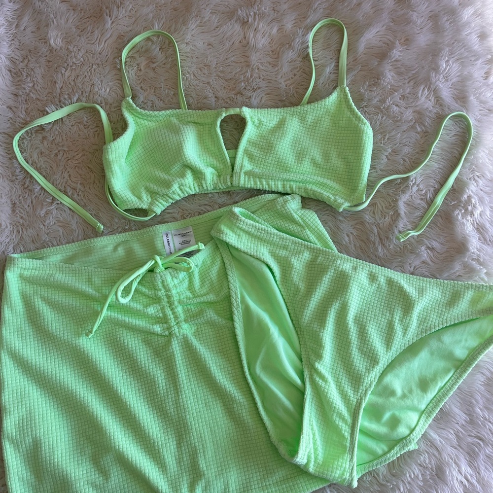 Celebrity Pink Lime Green Bikini Bathing Suit 3 pc Set Terry Cloth